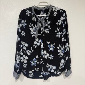 NYDJ Women's Black Blue White Floral Long Sleeve Blouse Semi Sheer Size PS